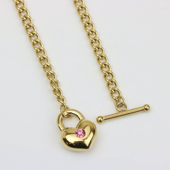 Chunky Gold Chain Necklace with Heart Pendant and Pink Stone, XPNL0372 - Picture 6 of 12
